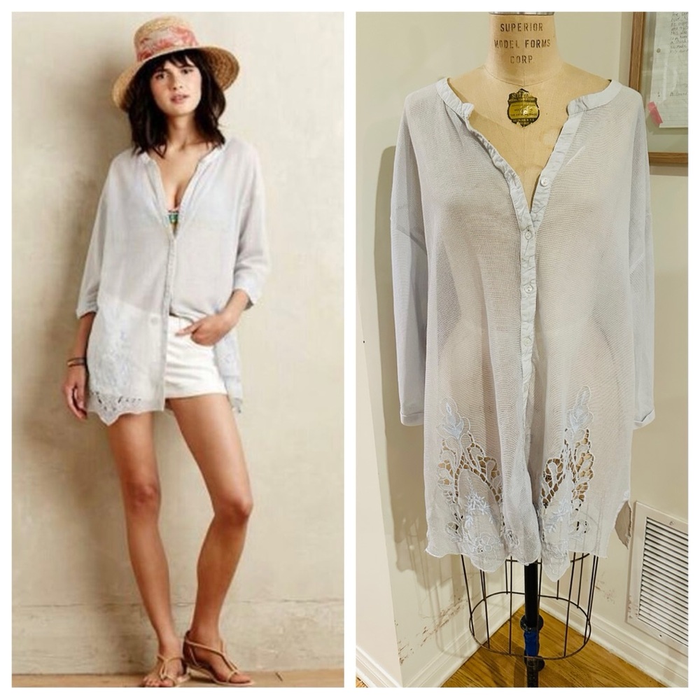 Anthropologie Meadow Rue Ciel Mesh Embroidered Lace Tunic Light Blue, Large